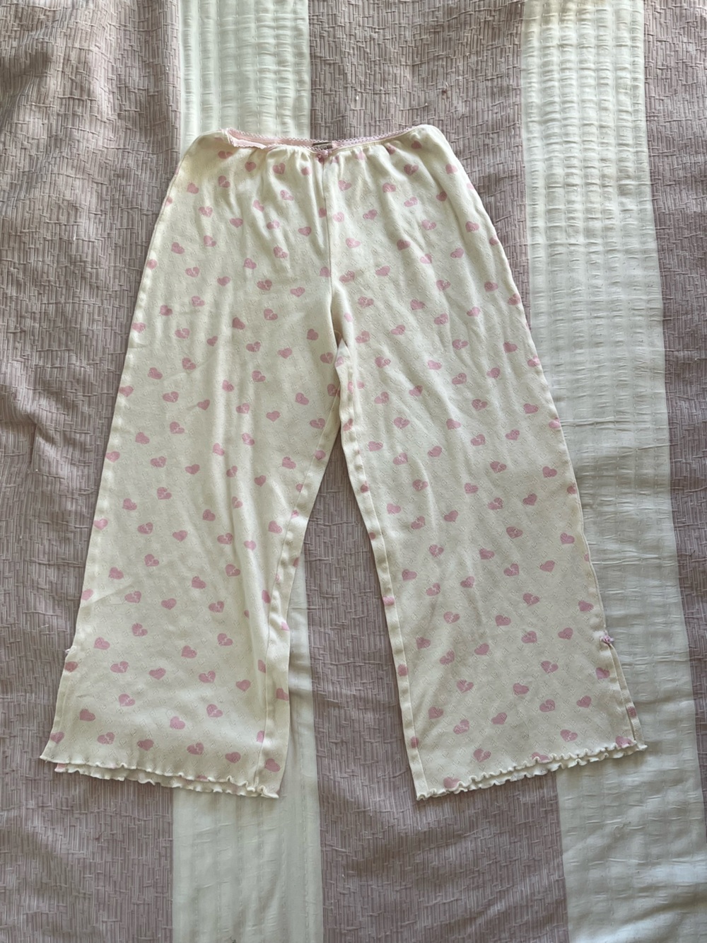 Y2K 2000s cream baby pink heart patterned lounge pants ruffle bottom Size S